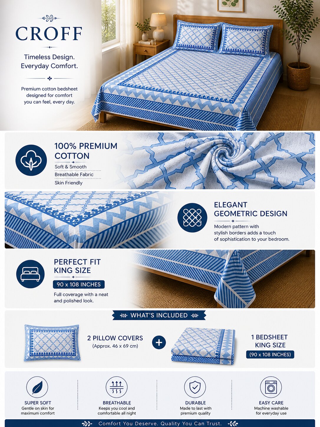 CROFF Premium Cotton Bedsheet King Size (90 x 108 inches) | 2 Pillow Covers Included