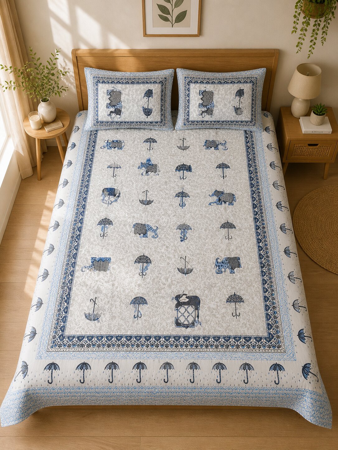 CROFF Premium Cotton King Size Bedsheet with 2 Pillow Covers (90 x 108 inches) | Blue Elephant Print