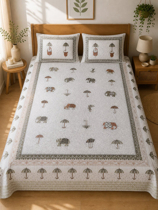 CROFF Premium Cotton King Size Bedsheet with 2 Pillow Covers (90 x 108 inches) | Beige Elephant Print with Umbrella Border