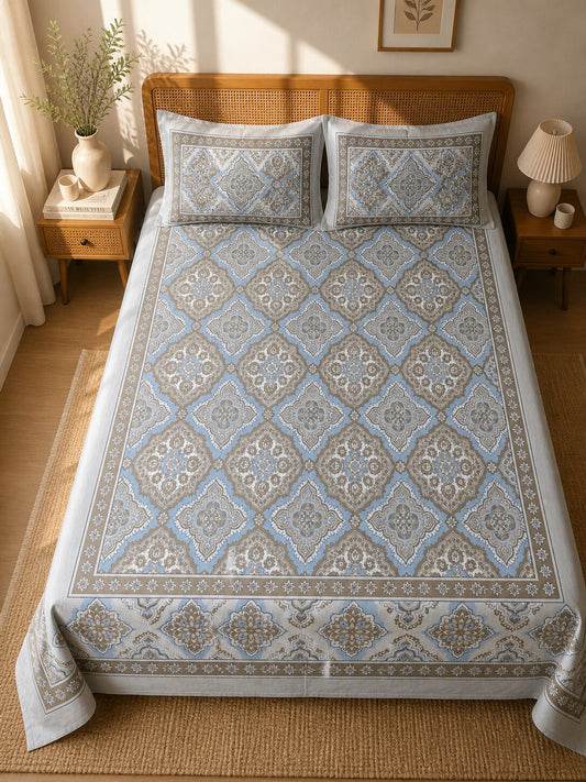 CROFF Premium Cotton King Size Bedsheet with 2 Pillow Covers – Blue Beige Jaipuri Print (90 x 108 inches)