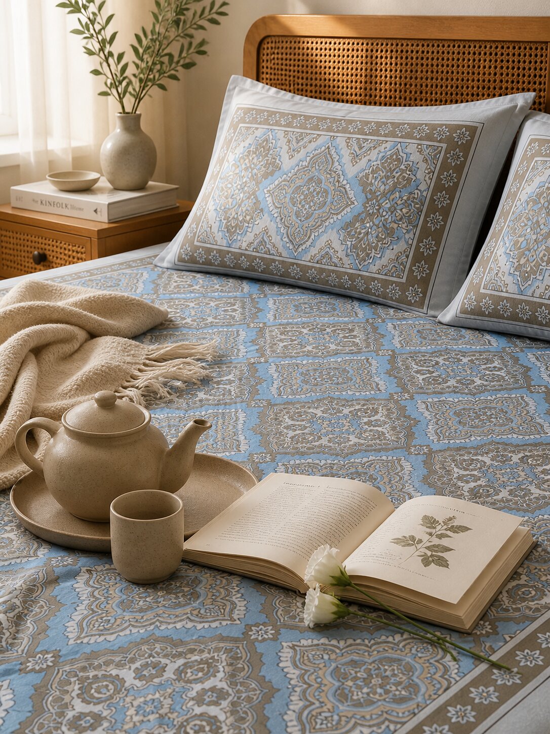 CROFF Premium Cotton King Size Bedsheet with 2 Pillow Covers – Blue Beige Jaipuri Print (90 x 108 inches)