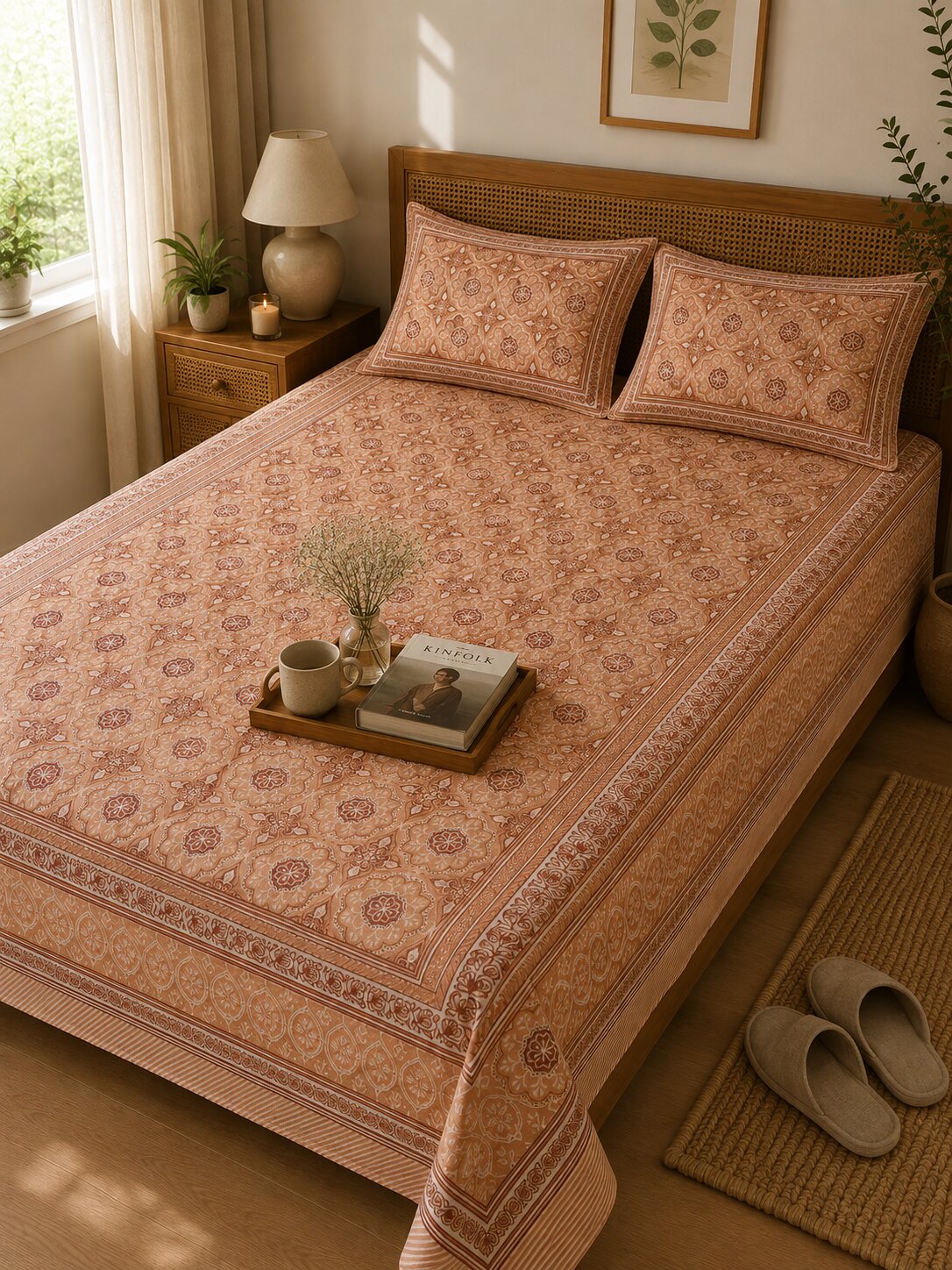 CROFF 100% Pure Cotton King Size Jaipuri Printed Bedsheet with 2 Pillow Covers | Soft & Breathable | 93 × 108 Inches | Peach Floral Medallion