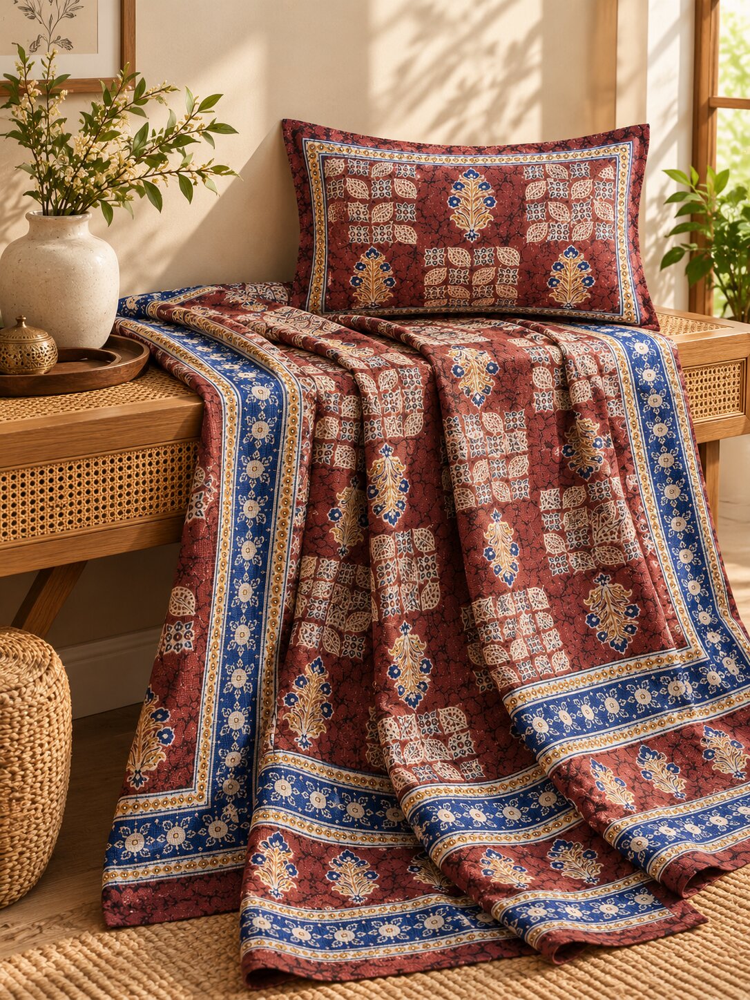 CROFF Maroon & Blue Traditional Jaipuri Print Pure Cotton King Size Bedsheet with 2 Pillow Covers