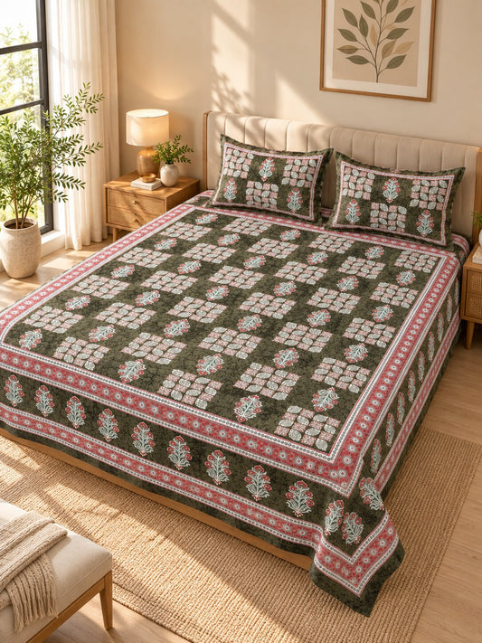 CROFF Olive Green & Pink Traditional Jaipuri Print Pure Cotton King Size Bedsheet with 2 Pillow Covers