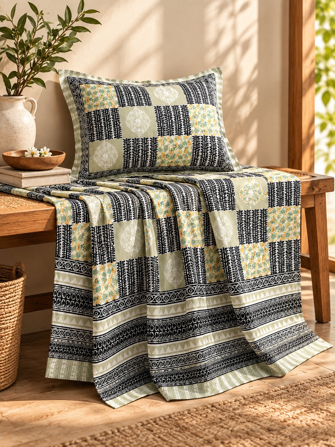 CROFF Sage Green & Black Geometric Patchwork Print Pure Cotton King Size Bedsheet with 2 Pillow Covers