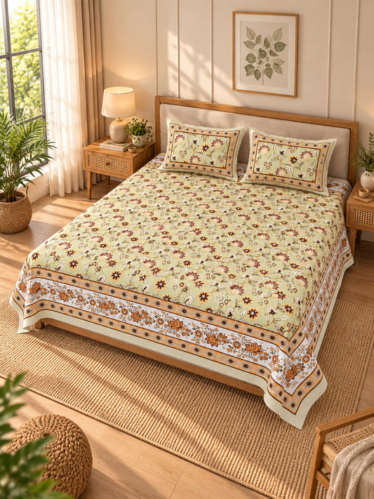CROFF Premium Pure Cotton Jaipuri Floral Print Double Bedsheet with 2 Pillow Covers – Cream