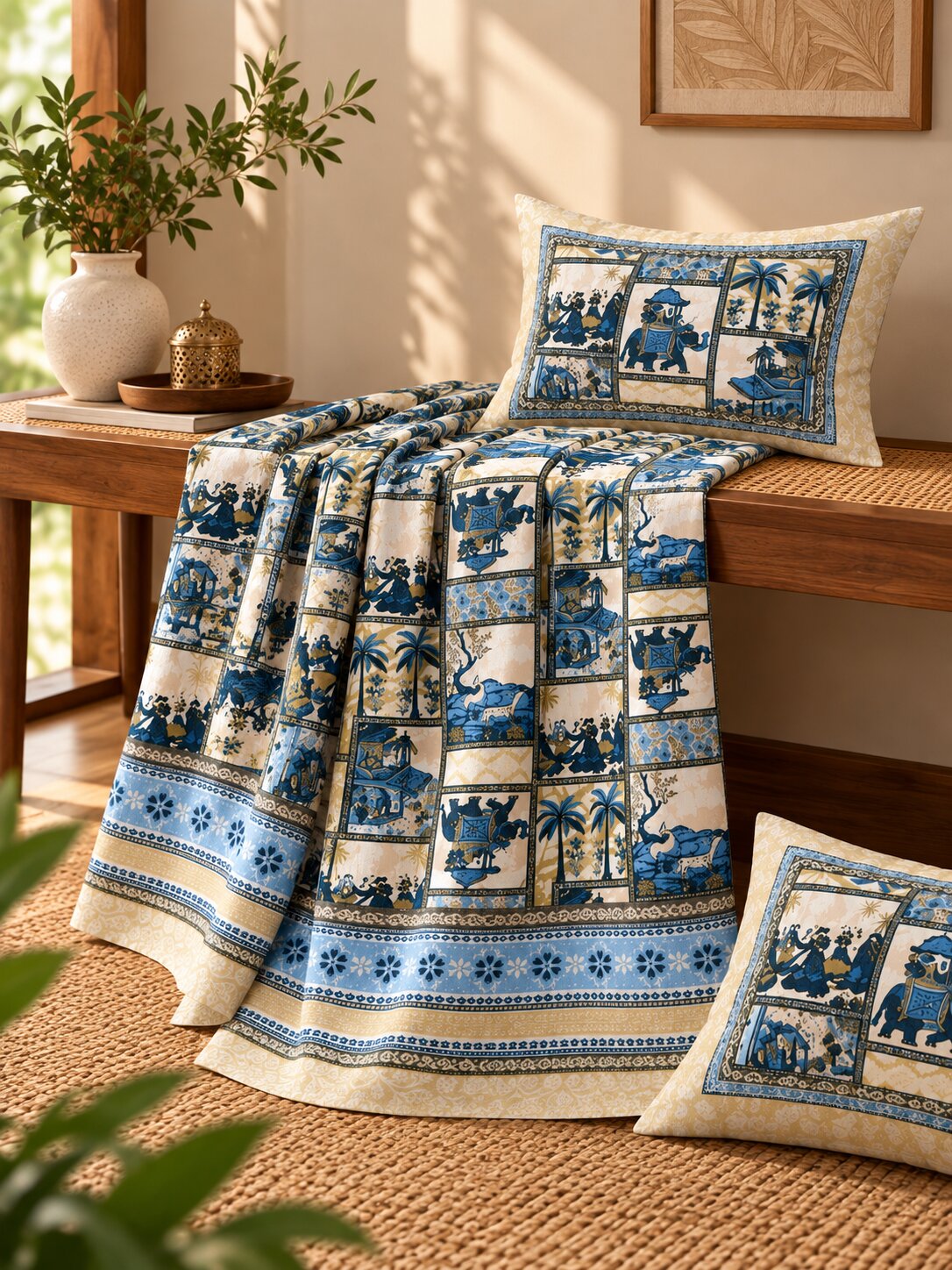 CROFF Premium Pure Cotton Jaipuri Patchwork Print King Size Bedsheet with 2 Pillow Covers – Blue & Ivory