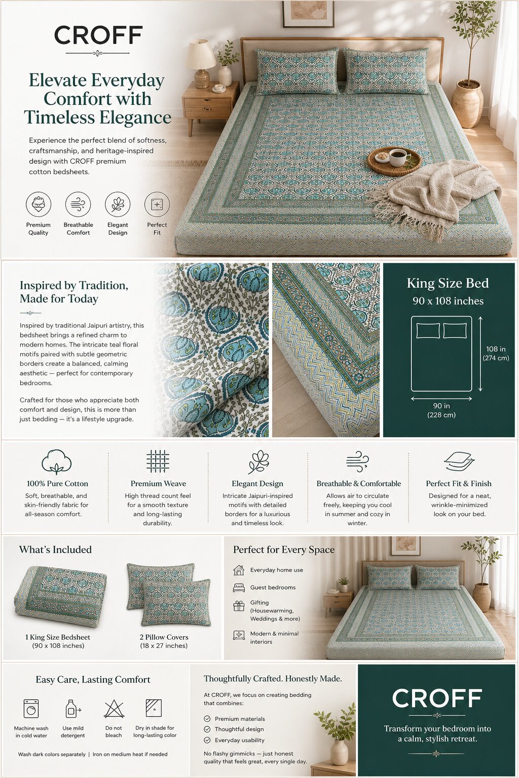 CROFF Premium Cotton King Size Bedsheet with 2 Pillow Covers (90 x 108 inches)