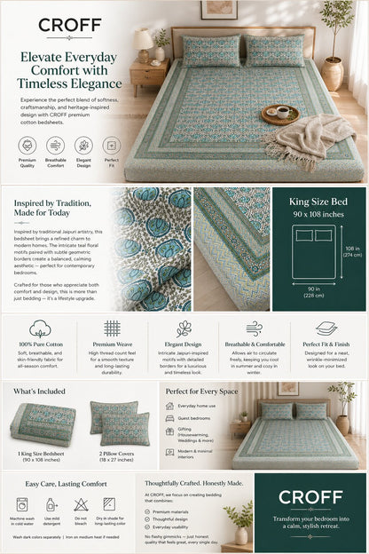 CROFF Premium Cotton King Size Bedsheet with 2 Pillow Covers (90 x 108 inches)