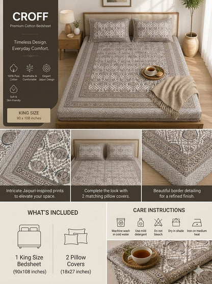 CROFF Premium Cotton Bedsheet  King Size (90 x 108 inches) | 2 Pillow Covers Included