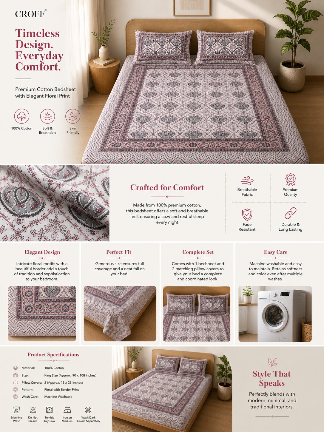 CROFF Premium Cotton Bedsheet – King Size (90 x 108 inches)