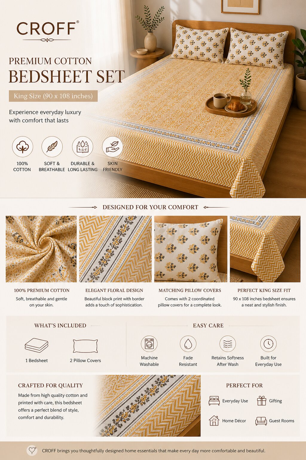CROFF Premium Cotton Bedsheet King Size (90 x 108 inches) | 2 Pillow Covers Included