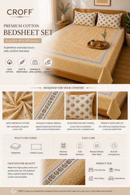 CROFF Premium Cotton Bedsheet King Size (90 x 108 inches) | 2 Pillow Covers Included