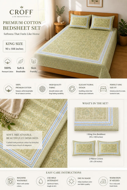 CROFF Premium Cotton Bedsheet King Size (90 x 108 inches) | 2 Pillow Covers Included