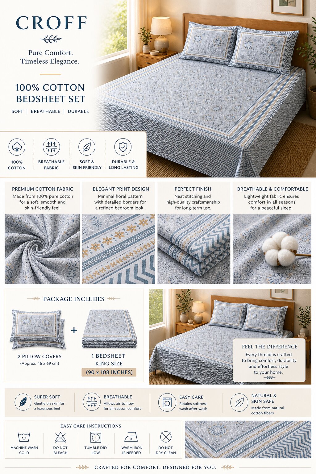 CROFF Premium Cotton Bedsheet King Size (90 x 108 inches) | 2 Pillow Covers Included