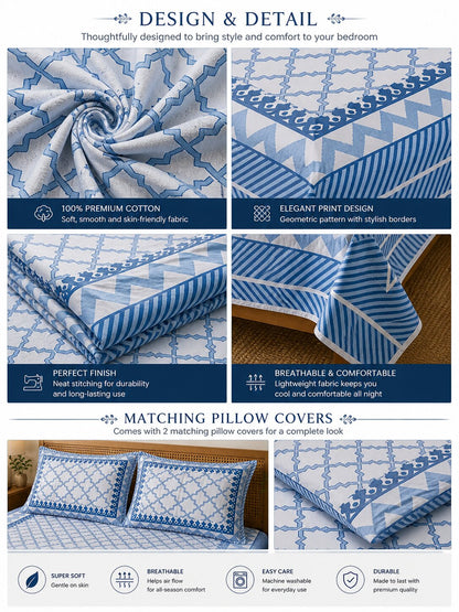 CROFF Premium Cotton Bedsheet King Size (90 x 108 inches) | 2 Pillow Covers Included