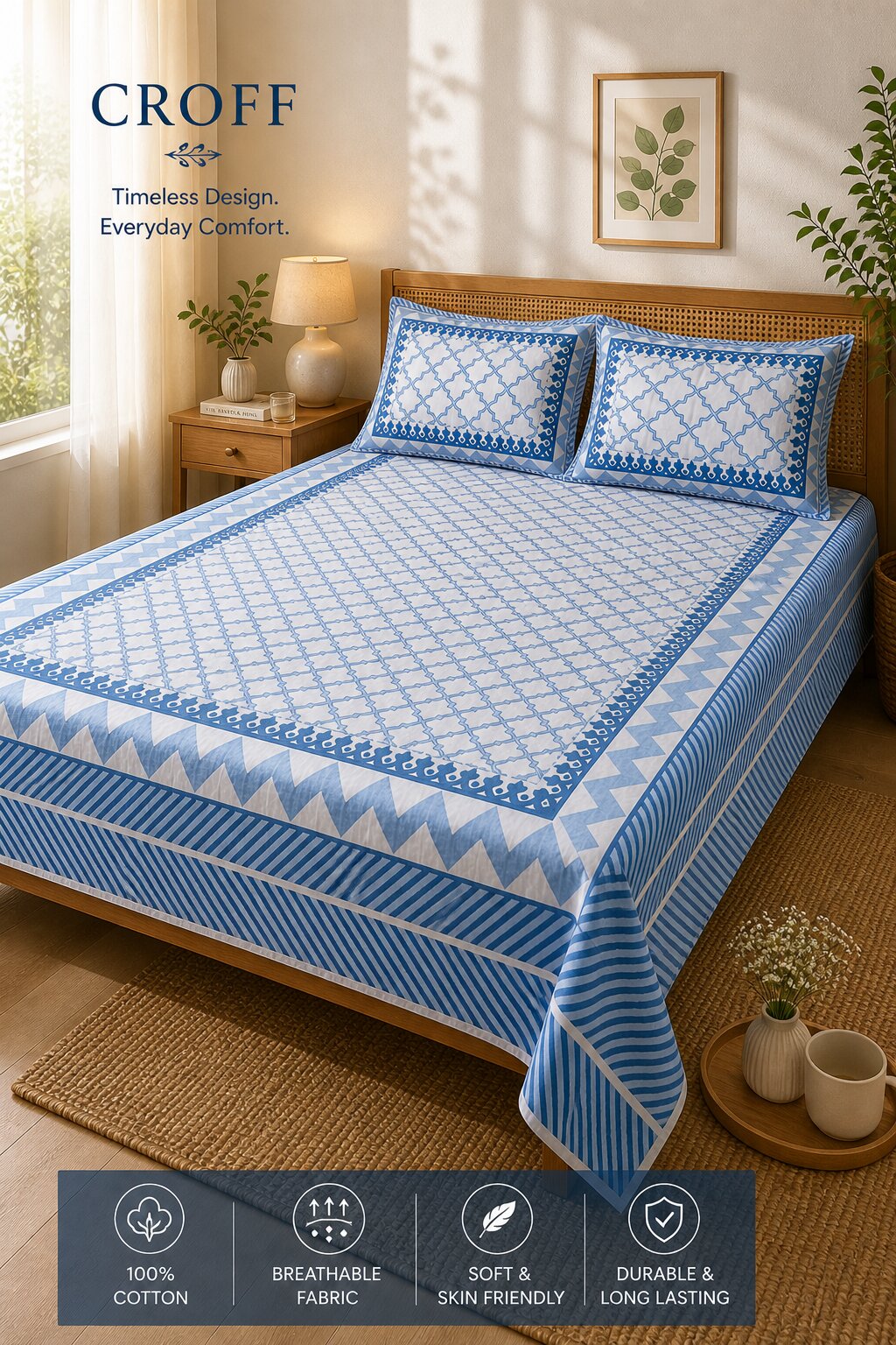 CROFF Premium Cotton Bedsheet King Size (90 x 108 inches) | 2 Pillow Covers Included