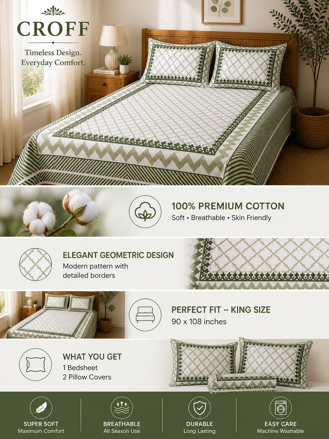 CROFF Premium Cotton Bedsheet King Size (90 x 108 inches) | 2 Pillow Covers Included