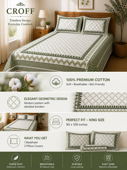 CROFF Premium Cotton Bedsheet King Size (90 x 108 inches) | 2 Pillow Covers Included