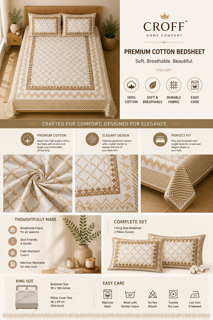 CROFF Premium Cotton Bedsheet King Size (90 x 108 inches) | 2 Pillow Covers Included
