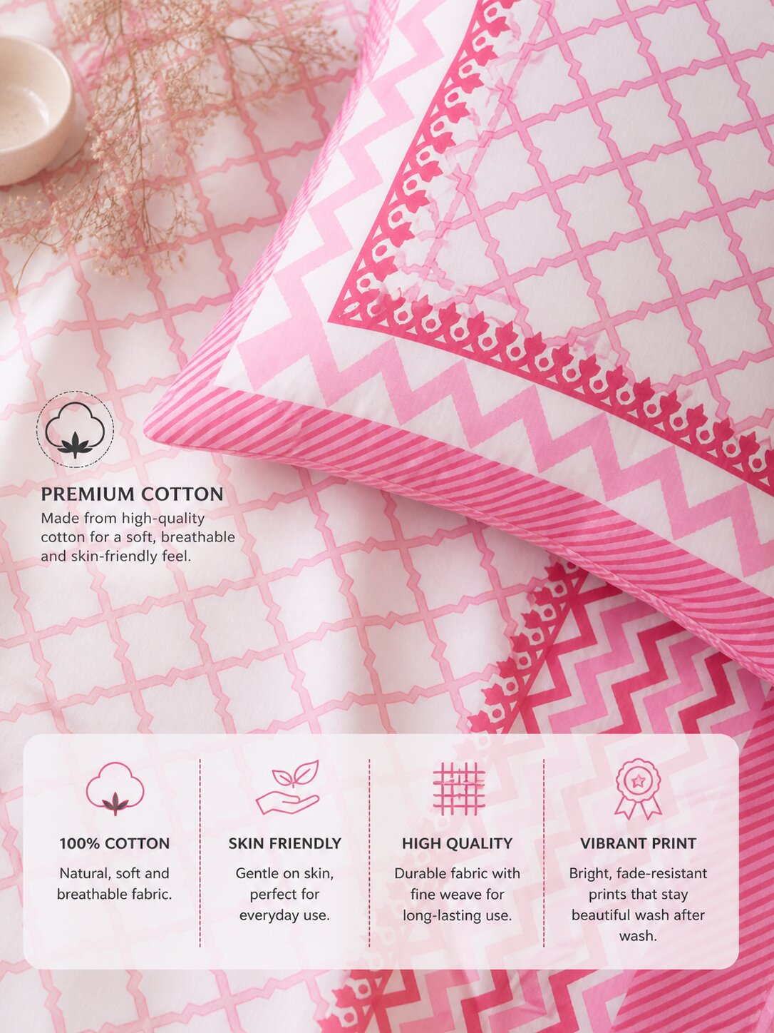 CROFF Premium Cotton Bedsheet King Size (90 x 108 inches) | 2 Pillow Covers Included