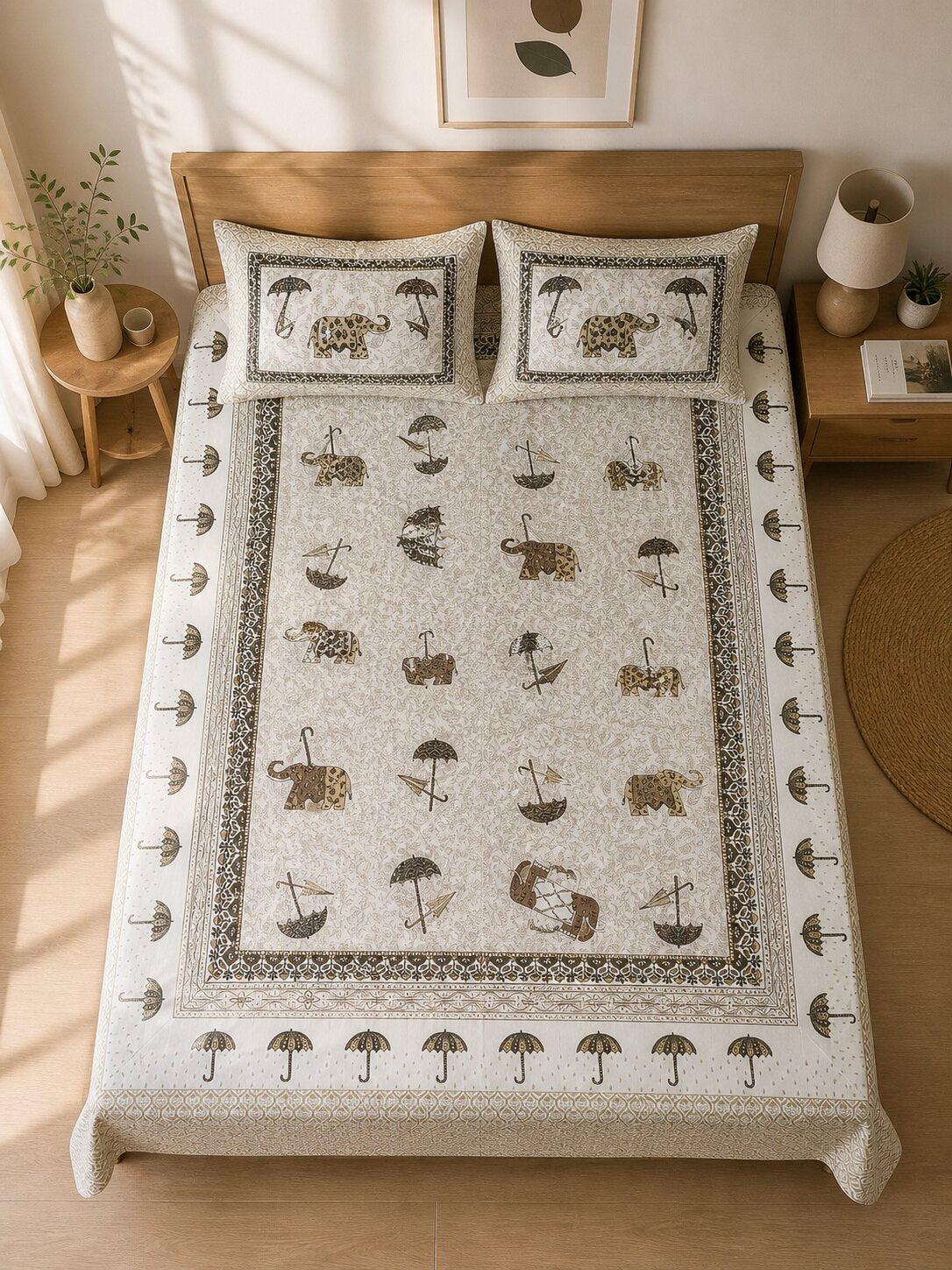 Croff Premium Cotton King Size Bedsheet with 2 Pillow Covers (90 x 108 inches) | Elegant Elephant Print