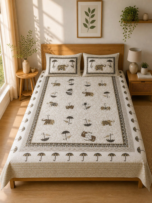 Croff Premium Cotton King Size Bedsheet with 2 Pillow Covers (90 x 108 inches) | Elegant Elephant Print