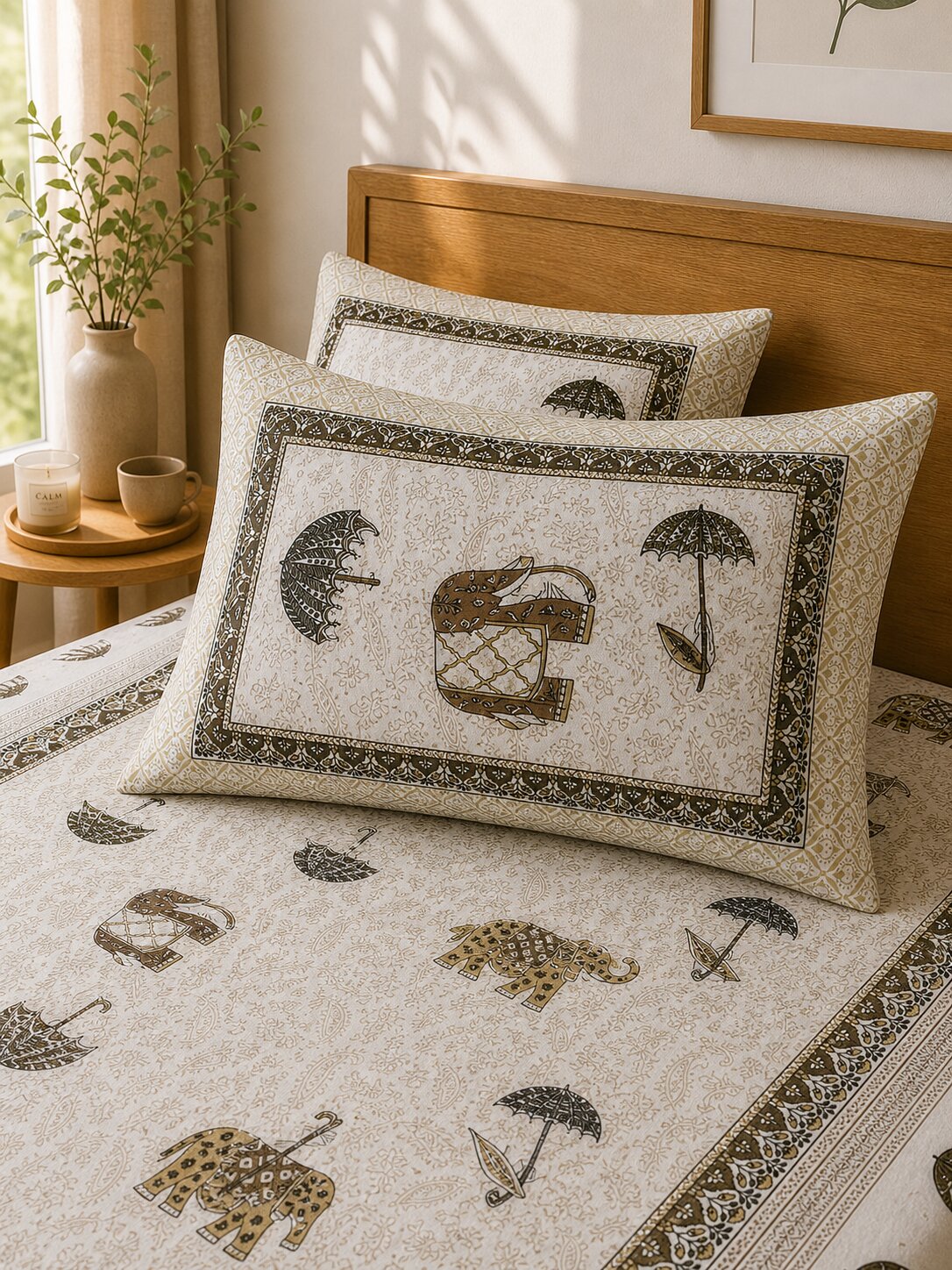 Croff Premium Cotton King Size Bedsheet with 2 Pillow Covers (90 x 108 inches) | Elegant Elephant Print