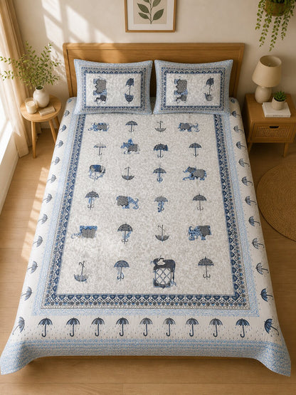 CROFF Premium Cotton King Size Bedsheet with 2 Pillow Covers (90 x 108 inches) | Blue Elephant Print