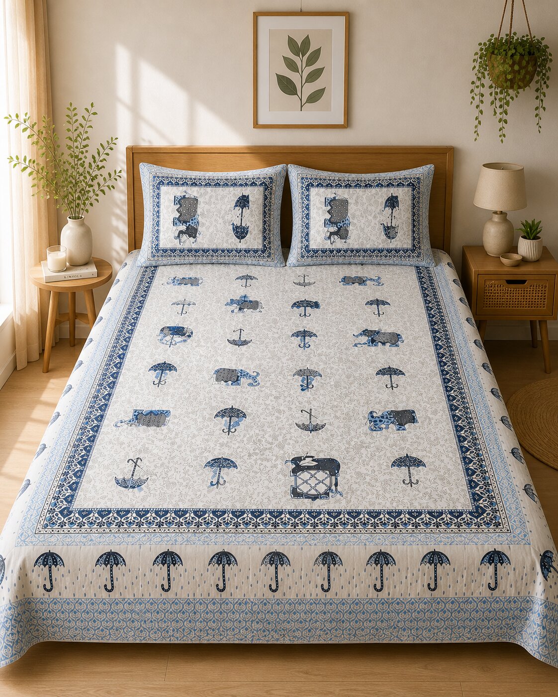 CROFF Premium Cotton King Size Bedsheet with 2 Pillow Covers (90 x 108 inches) | Blue Elephant Print
