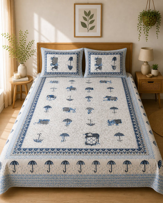 CROFF Premium Cotton King Size Bedsheet with 2 Pillow Covers (90 x 108 inches) | Blue Elephant Print