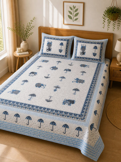 CROFF Premium Cotton King Size Bedsheet with 2 Pillow Covers (90 x 108 inches) | Blue Elephant Print