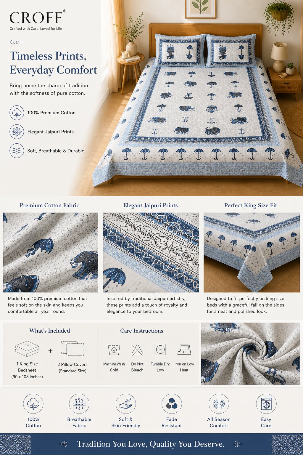 CROFF Premium Cotton King Size Bedsheet with 2 Pillow Covers (90 x 108 inches) | Blue Elephant Print