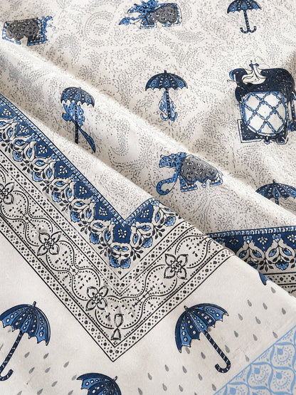 CROFF Premium Cotton King Size Bedsheet with 2 Pillow Covers (90 x 108 inches) | Blue Elephant Print