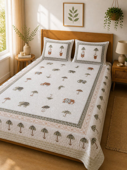 CROFF Premium Cotton King Size Bedsheet with 2 Pillow Covers (90 x 108 inches) | Beige Elephant Print with Umbrella Border