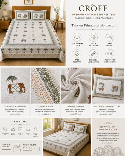 CROFF Premium Cotton King Size Bedsheet with 2 Pillow Covers (90 x 108 inches) | Beige Elephant Print with Umbrella Border