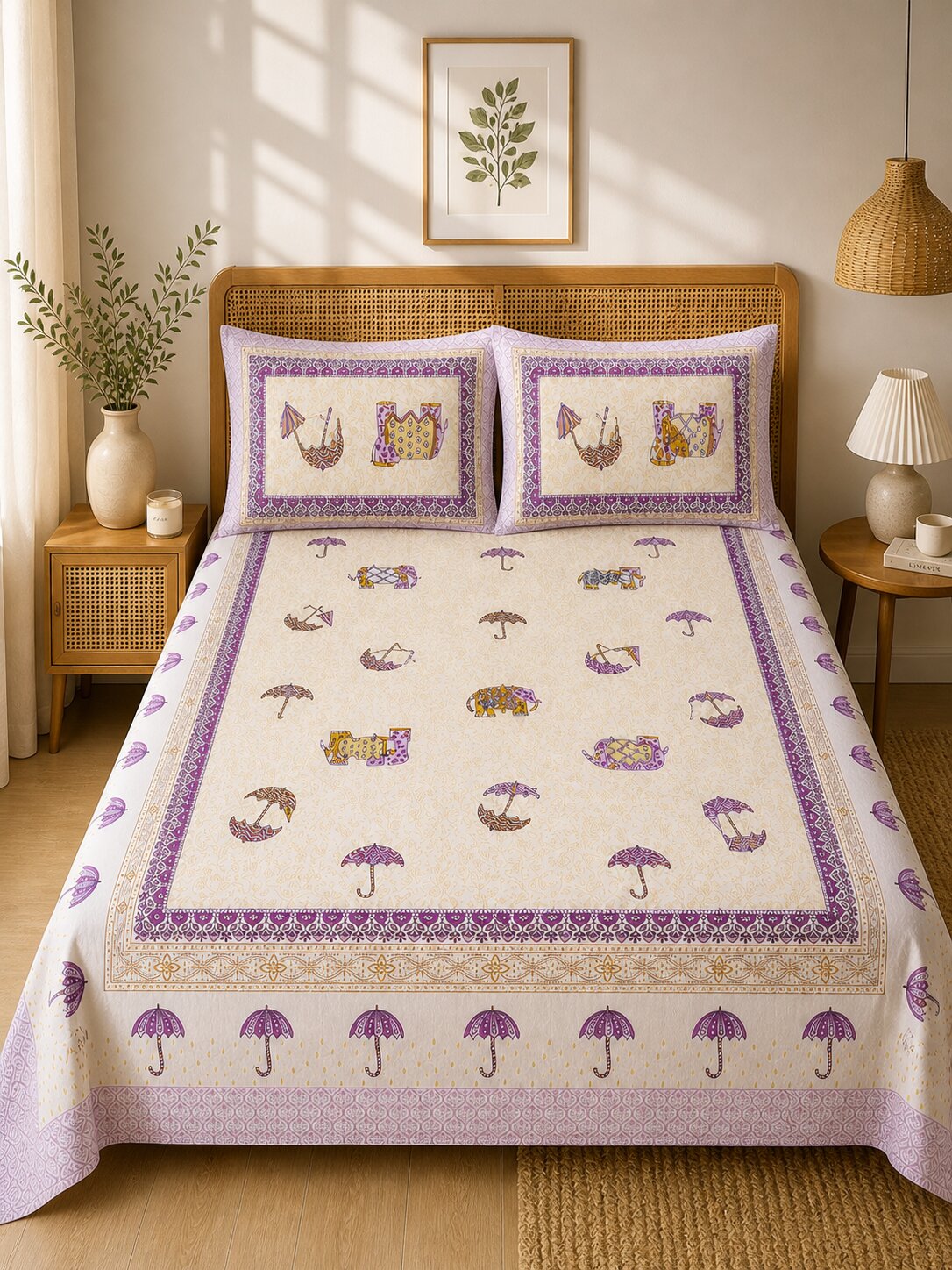Croff Premium Cotton King Size Bedsheet with 2 Pillow Covers (90 x 108 inches) | Pink Elephant Print with Umbrella Border