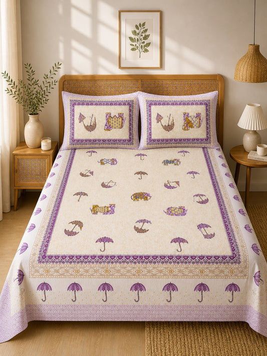 Croff Premium Cotton King Size Bedsheet with 2 Pillow Covers (90 x 108 inches) | Pink Elephant Print with Umbrella Border