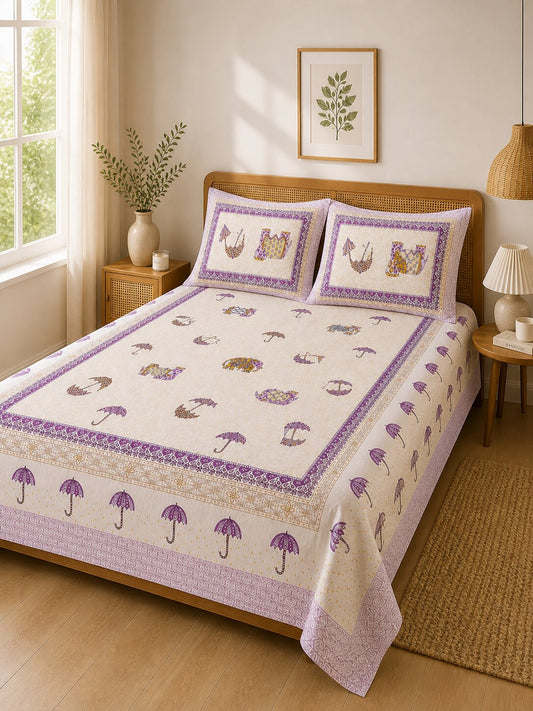 Croff Premium Cotton King Size Bedsheet with 2 Pillow Covers (90 x 108 inches) | Pink Elephant Print with Umbrella Border