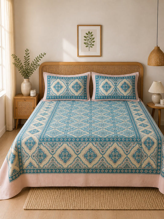 CROFF Premium Cotton King Size Bedsheet with 2 Pillow Covers (90 x 108 inches) | Teal Geometric Floral Print