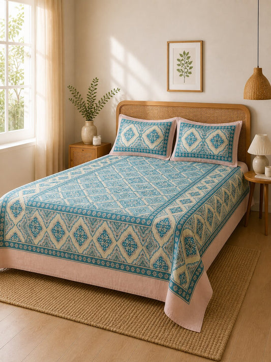 CROFF Premium Cotton King Size Bedsheet with 2 Pillow Covers (90 x 108 inches) | Teal Geometric Floral Print