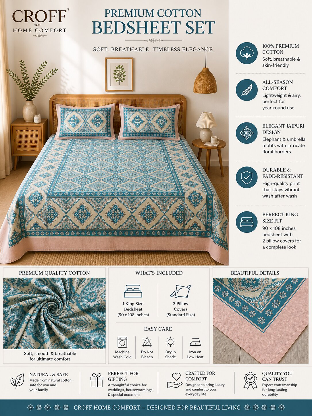 CROFF Premium Cotton King Size Bedsheet with 2 Pillow Covers (90 x 108 inches) | Teal Geometric Floral Print