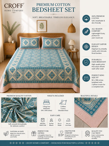 CROFF Premium Cotton King Size Bedsheet with 2 Pillow Covers (90 x 108 inches) | Teal Geometric Floral Print