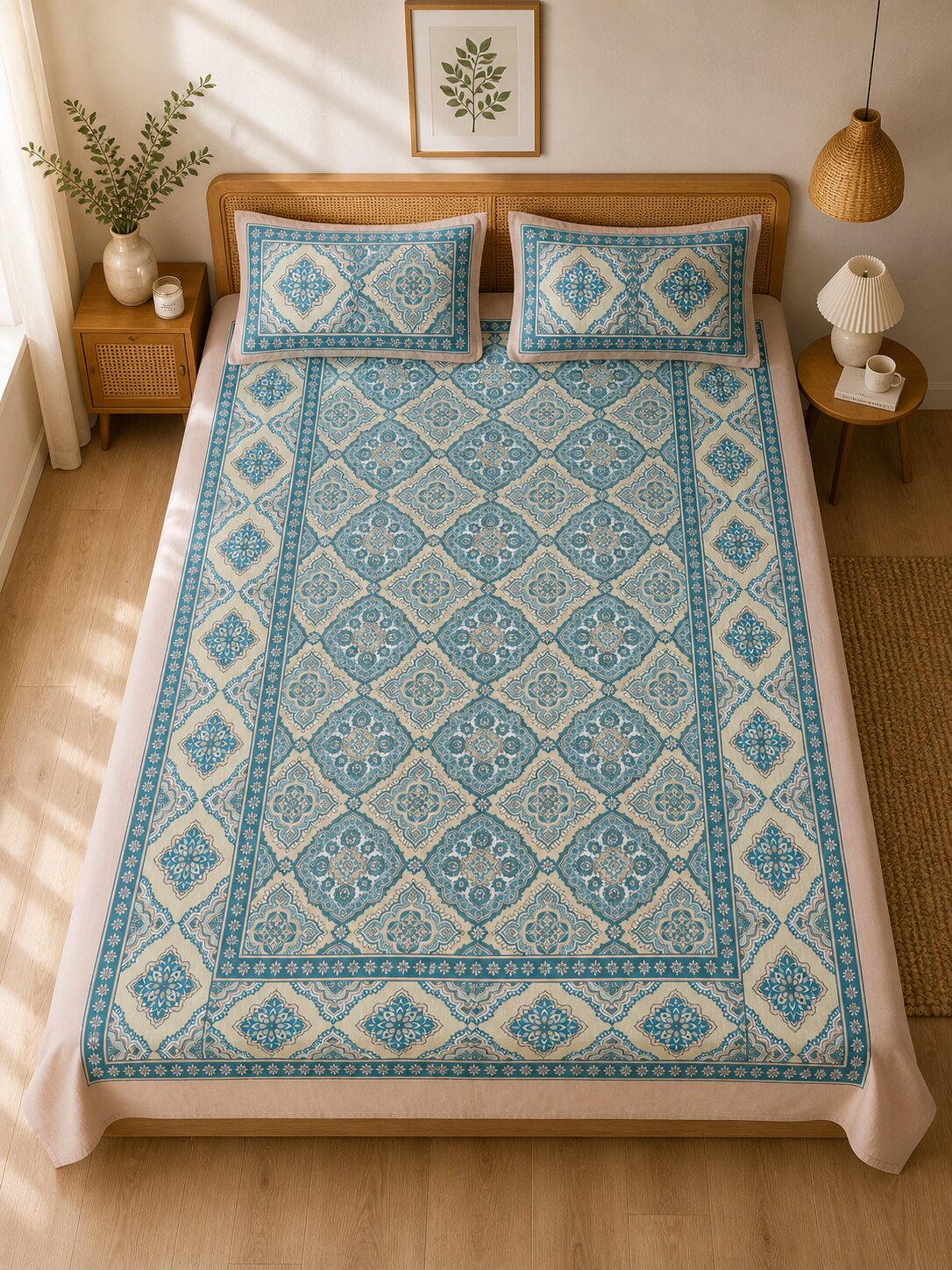 CROFF Premium Cotton King Size Bedsheet with 2 Pillow Covers (90 x 108 inches) | Teal Geometric Floral Print