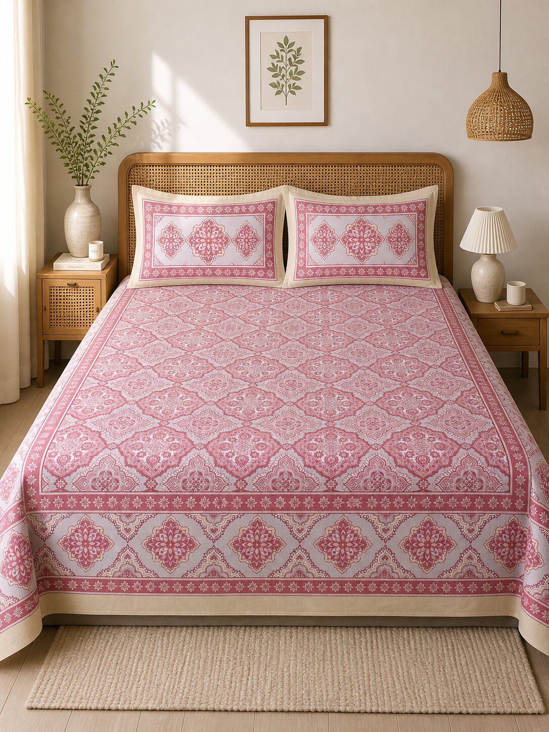 CROFF Premium Cotton King Size Bedsheet with 2 Pillow Covers – Pink Mughal Print (90 x 108 inches)