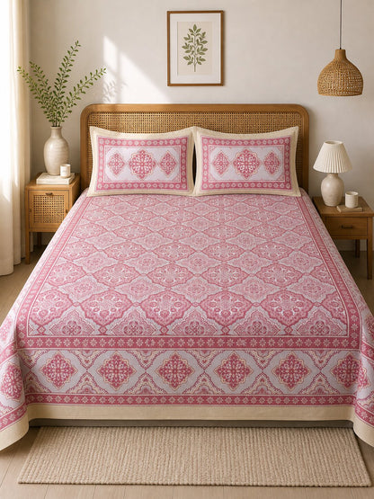 CROFF Premium Cotton King Size Bedsheet with 2 Pillow Covers – Pink Mughal Print (90 x 108 inches)