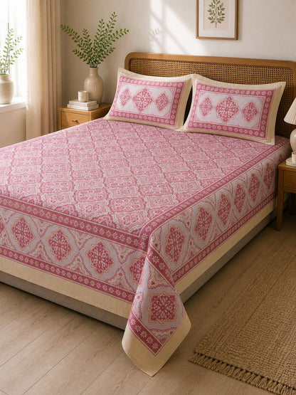 CROFF Premium Cotton King Size Bedsheet with 2 Pillow Covers – Pink Mughal Print (90 x 108 inches)