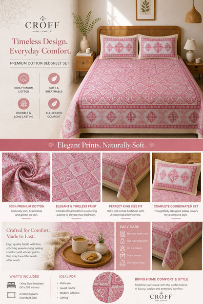 CROFF Premium Cotton King Size Bedsheet with 2 Pillow Covers – Pink Mughal Print (90 x 108 inches)