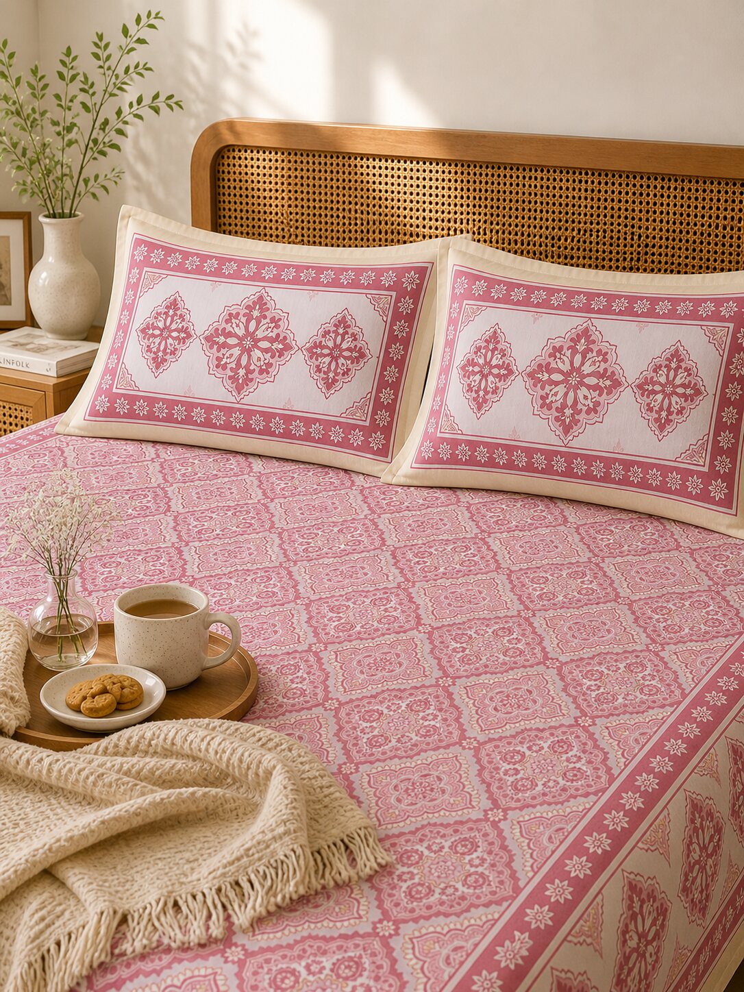 CROFF Premium Cotton King Size Bedsheet with 2 Pillow Covers – Pink Mughal Print (90 x 108 inches)
