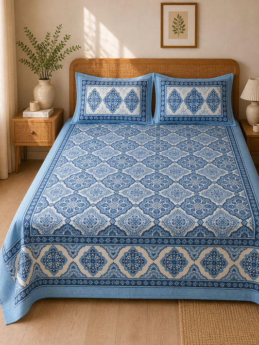 CROFF Premium Cotton King Size Bedsheet with 2 Pillow Covers (90 x 108 inches) | Blue Geometric Floral Print